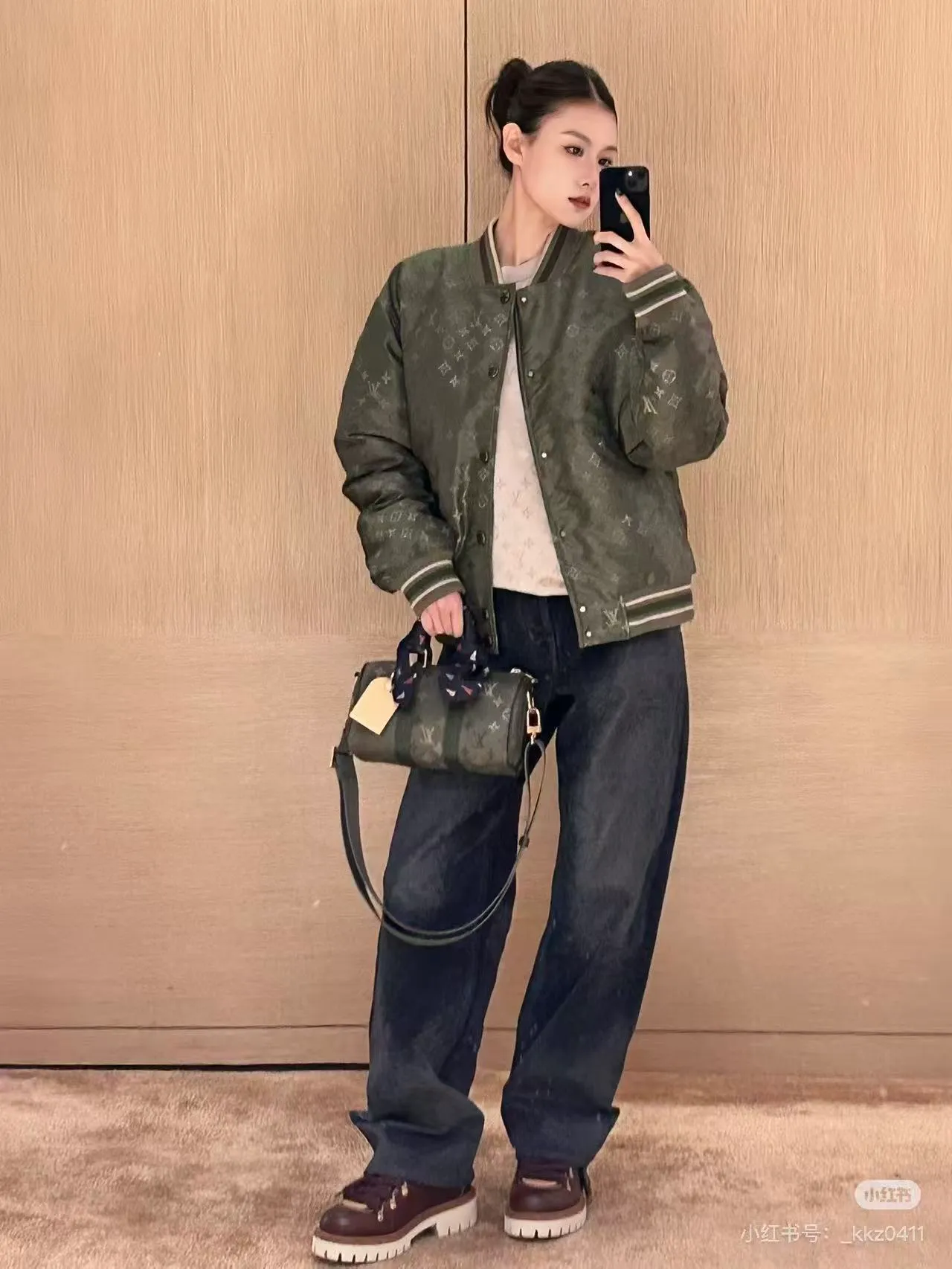 Louis Vuitton/Louis Vuitton olive green all-over printed old flower satin baseball jacket